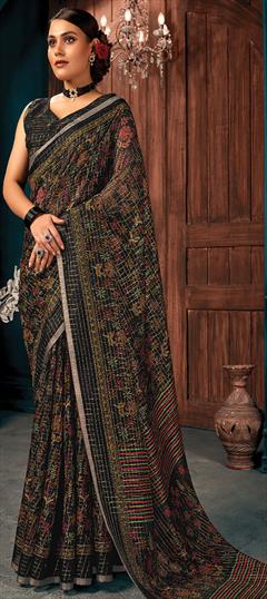 Casual, Traditional Black and Grey color Saree in Cotton fabric with Bengali Weaving work : 1774572