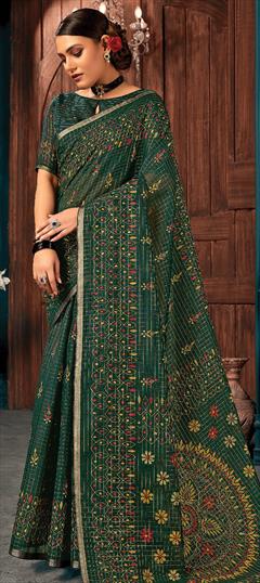 Casual, Traditional Green color Saree in Cotton fabric with Bengali Weaving work : 1774574