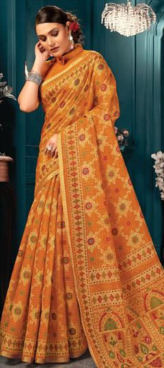 Casual, Traditional Yellow color Saree in Cotton fabric with Bengali Weaving work : 1774575