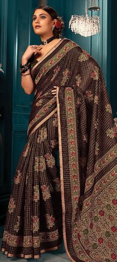 Festive, Traditional Beige and Brown color Saree in Cotton fabric with Bengali Weaving work : 1774576