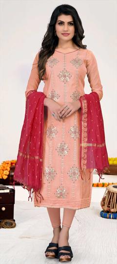 Festive, Party Wear Pink and Majenta color Salwar Kameez in Chanderi Silk fabric with Straight Embroidered, Lace, Resham, Thread, Zari work : 1774751
