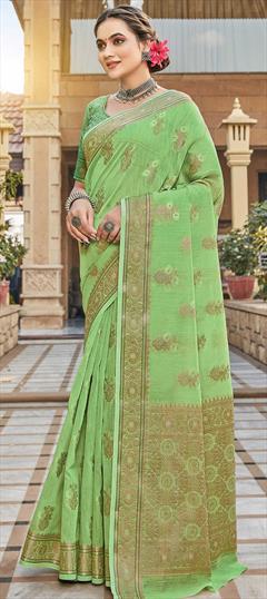 Traditional Green color Saree in Cotton fabric with Bengali Weaving work : 1774777