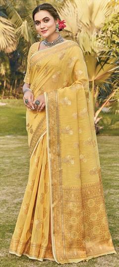 Traditional Yellow color Saree in Cotton fabric with Bengali Weaving work : 1774779