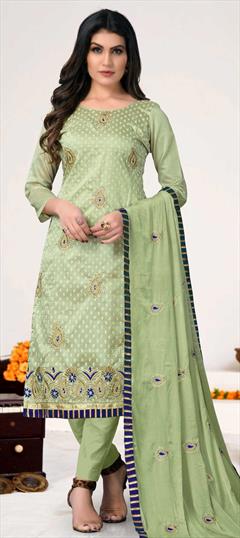 Festive, Party Wear Green color Salwar Kameez in Chanderi Silk fabric with Straight Embroidered, Lace, Resham, Thread, Zari work : 1774785