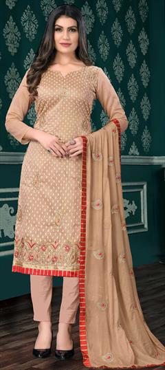 Festive, Party Wear Beige and Brown color Salwar Kameez in Chanderi Silk fabric with Straight Embroidered, Resham, Sequence, Thread, Zari work : 1774825