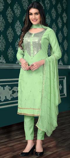 Festive, Party Wear Green color Salwar Kameez in Chanderi Silk fabric with Straight Embroidered, Resham, Sequence, Thread, Zari work : 1774828