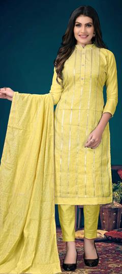 Festive, Party Wear Yellow color Salwar Kameez in Chanderi Silk fabric with Straight Embroidered, Resham, Sequence, Thread, Zari work : 1774843