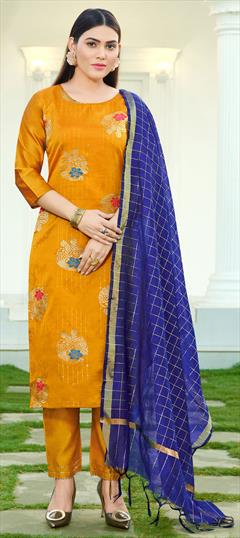 Casual Yellow color Salwar Kameez in Art Silk fabric with Straight Sequence, Weaving work : 1774977