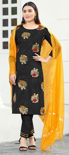 Casual Black and Grey color Salwar Kameez in Art Silk fabric with Straight Sequence, Weaving work : 1774982