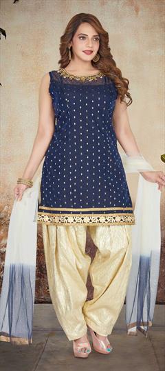 Festive, Party Wear Blue color Salwar Kameez in Chanderi Silk fabric with Patiala Bugle Beads, Lace, Stone, Thread work : 1775063