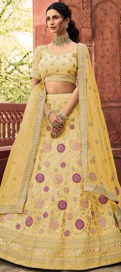 Bridal, Wedding Yellow color Lehenga in Organza Silk fabric with A Line Embroidered, Patch, Resham, Thread, Zircon work : 1775120