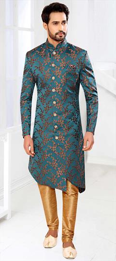 Wedding Blue color Sherwani in Jacquard fabric with Floral, Printed work : 1775243