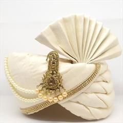 White and Off White color Turban in Dupion Silk fabric with Broches, Lace, Thread work : 1775499
