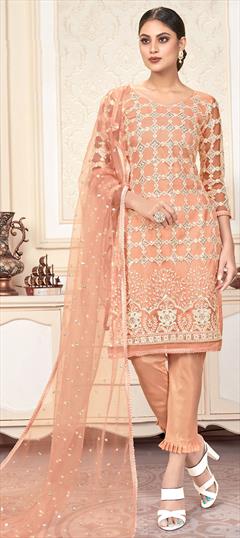 Festive, Party Wear Pink and Majenta color Salwar Kameez in Net fabric with Straight Embroidered, Lace, Sequence, Thread work : 1775597
