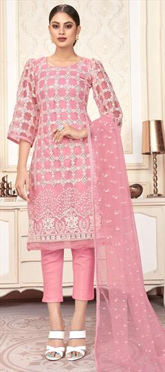 Festive, Party Wear Pink and Majenta color Salwar Kameez in Net fabric with Straight Embroidered, Lace, Sequence, Thread work : 1775600