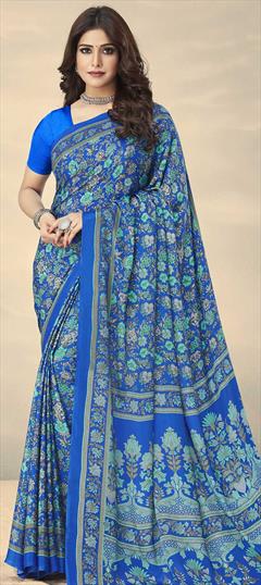Traditional Blue color Saree in Crepe Silk, Silk fabric with South Floral, Printed work : 1775609