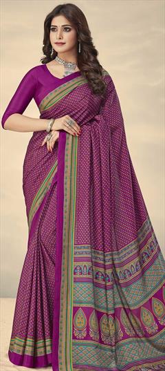 Casual, Traditional Purple and Violet color Saree in Crepe Silk, Silk fabric with South Floral, Printed work : 1775616