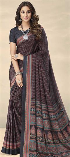 Casual, Traditional Black and Grey color Saree in Crepe Silk, Silk fabric with South Floral, Printed work : 1775617