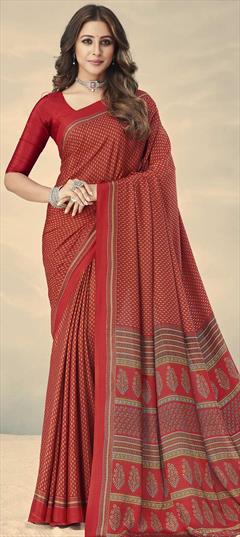 Casual, Traditional Red and Maroon color Saree in Crepe Silk, Silk fabric with South Floral, Printed work : 1775618