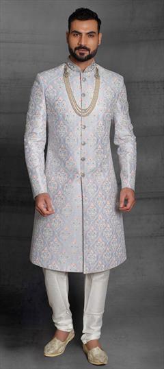 Black and Grey color Sherwani in Silk fabric with Embroidered, Sequence, Thread work : 1775898