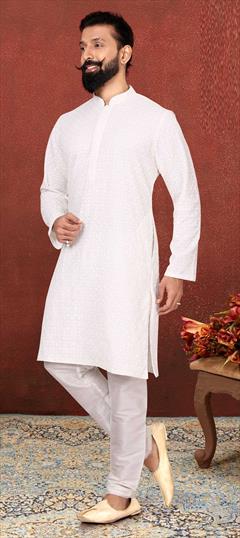 White and Off White color Kurta Pyjamas in Georgette fabric with Embroidered, Thread work : 1775982