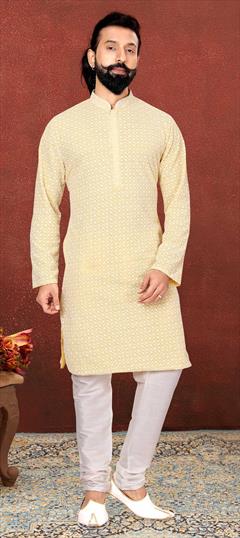 Yellow color Kurta Pyjamas in Georgette fabric with Embroidered, Thread work : 1775987