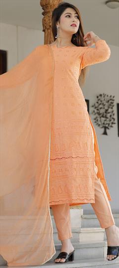 Festive, Party Wear Orange color Salwar Kameez in Rayon fabric with Straight Embroidered, Sequence, Thread work : 1776187
