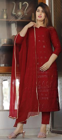 Festive, Party Wear Red and Maroon color Salwar Kameez in Rayon fabric with Straight Embroidered, Sequence, Thread work : 1776193