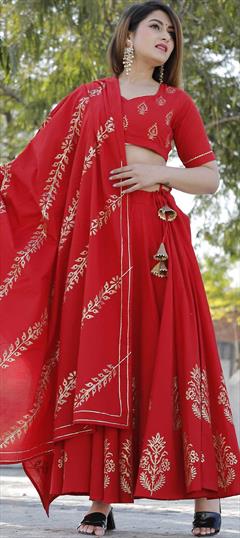 Festive, Party Wear Red and Maroon color Ready to Wear Lehenga in Cotton fabric with A Line Block Print work : 1776242