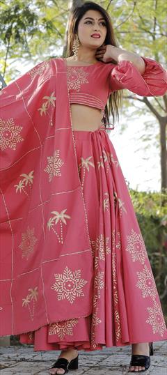 Festive, Party Wear Pink and Majenta color Ready to Wear Lehenga in Cotton fabric with A Line Block Print work : 1776244