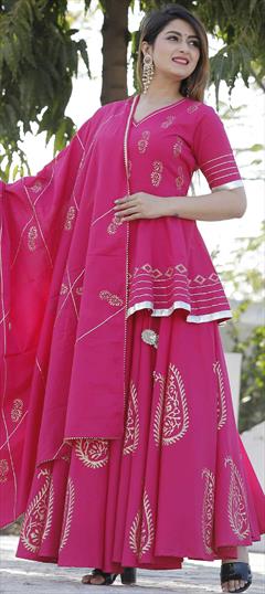 Festive, Party Wear Pink and Majenta color Long Lehenga Choli in Cotton fabric with Block Print work : 1776248