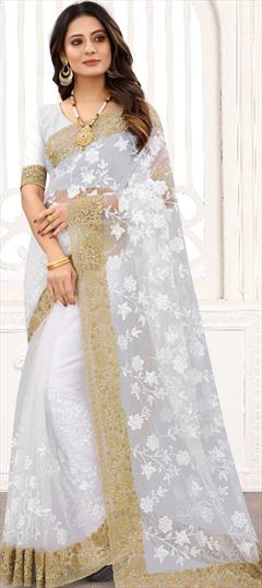 Engagement, Festive, Wedding White and Off White color Saree in Net fabric with Classic Embroidered, Resham, Thread, Zari work : 1776270
