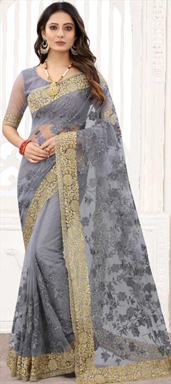 Engagement, Festive, Wedding Black and Grey color Saree in Net fabric with Classic Embroidered, Resham, Thread, Zari work : 1776273