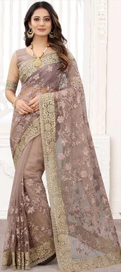 Engagement, Festive, Wedding Beige and Brown color Saree in Net fabric with Classic Embroidered, Resham, Thread, Zari work : 1776275