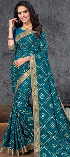 Festive, Traditional Blue color Saree in Art Silk, Silk fabric with South Bandhej, Printed, Weaving work : 1776426
