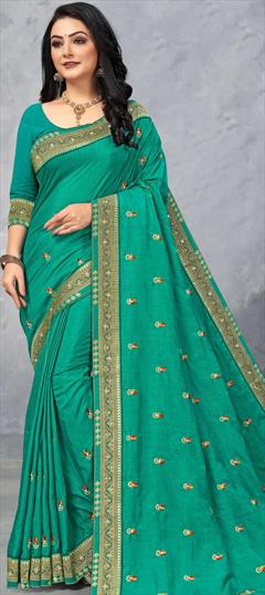 Traditional Blue color Saree in Art Silk, Silk fabric with South Embroidered, Thread work : 1776432