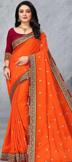 Traditional Orange color Saree in Art Silk, Silk fabric with South Embroidered, Thread work : 1776465