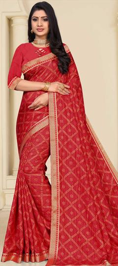 Casual, Traditional Red and Maroon color Saree in Art Silk, Silk fabric with South Bandhej, Foil Print work : 1776475