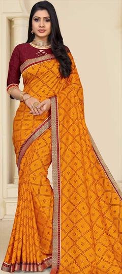 Casual, Traditional Yellow color Saree in Art Silk, Silk fabric with South Bandhej, Foil Print work : 1776480