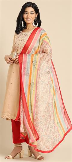 Casual Beige and Brown color Salwar Kameez in Cotton fabric with Straight Embroidered, Printed, Thread work : 1776482