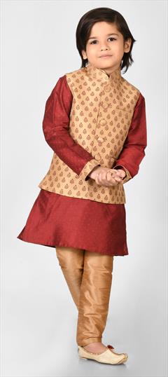 Beige and Brown, Red and Maroon color Boys Kurta Pyjama with Jacket in Art Silk fabric with Printed work : 1776558