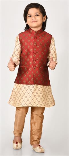 Beige and Brown, Red and Maroon color Boys Kurta Pyjama with Jacket in Art Silk fabric with Printed work : 1776560
