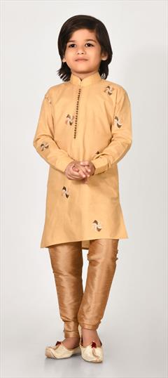 Beige and Brown color Boys Kurta Pyjama in Cotton fabric with Embroidered, Resham work : 1776565