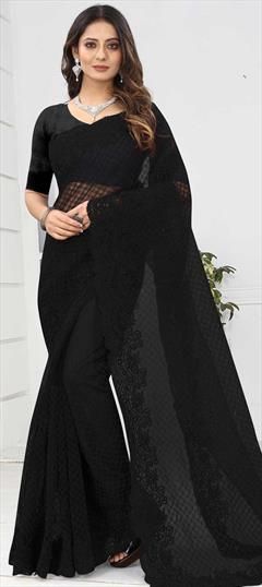 Festive, Mehendi Sangeet, Wedding Black and Grey color Saree in Net fabric with Classic Embroidered, Stone, Thread work : 1776601
