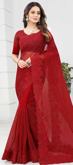 Festive, Mehendi Sangeet, Wedding Red and Maroon color Saree in Net fabric with Classic Embroidered, Stone, Thread work : 1776608