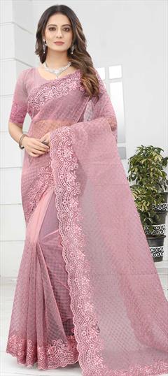 Festive, Mehendi Sangeet, Wedding Pink and Majenta color Saree in Net fabric with Classic Embroidered, Stone, Thread work : 1776610
