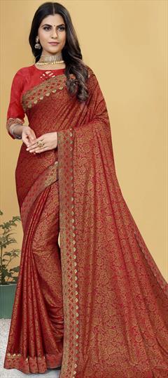 Festive, Party Wear Red and Maroon color Saree in Lycra fabric with Classic Border work : 1776725