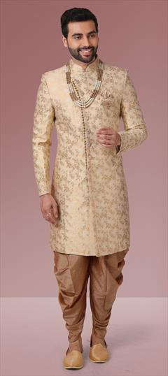 Gold color IndoWestern Dress in Jacquard fabric with Broches, Weaving work : 1776746