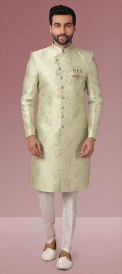 Green color IndoWestern Dress in Jacquard fabric with Broches, Weaving work : 1776753