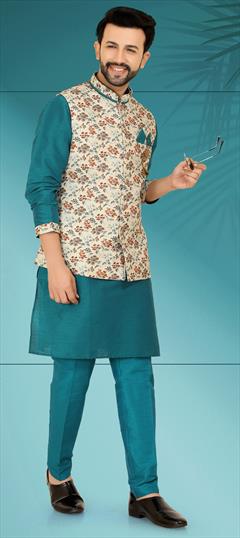 Blue color Kurta Pyjama with Jacket in Art Silk fabric with Floral, Printed work : 1777040